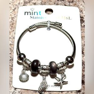 Mint Silver Stainless Steel Bracelet with Black Beads and Seashell Charms